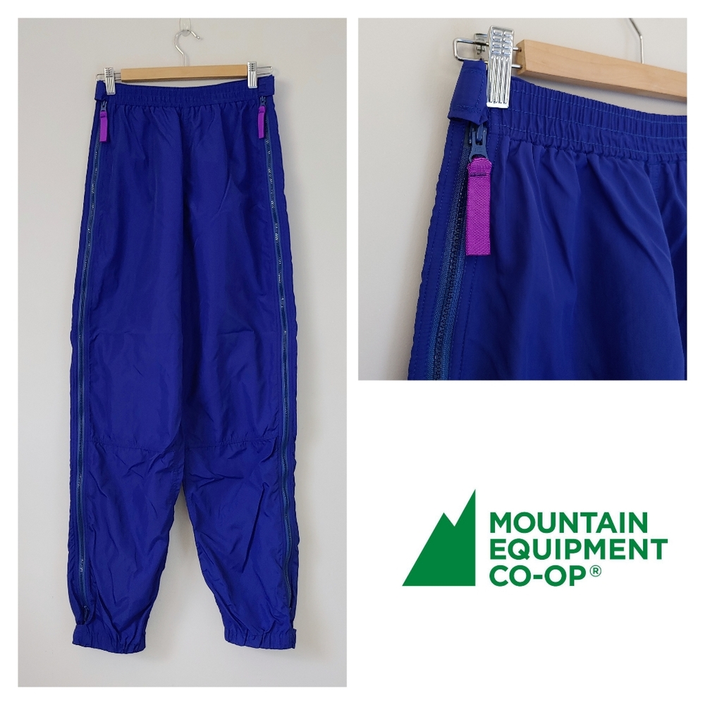 Vintage MEC Nylon Rain Pants Track Pants Size Large Blue Purple Zipper Sides